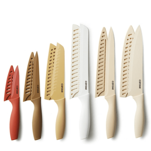 CAROTE 12 Pieces Kitchen Knife Set, Stainless Steel Knife Set With Nonstick Creamic Coating,Dishwasher Safe with 6 Blade Guards,Anti-Rust,Brown CAROTE 12 Pieces Kitchen Knife Set, Stainless Steel Knife Set With Nonstick Creamic Coating,Dishwasher Safe with 6 Blade Guards,Anti-Rust,Brown